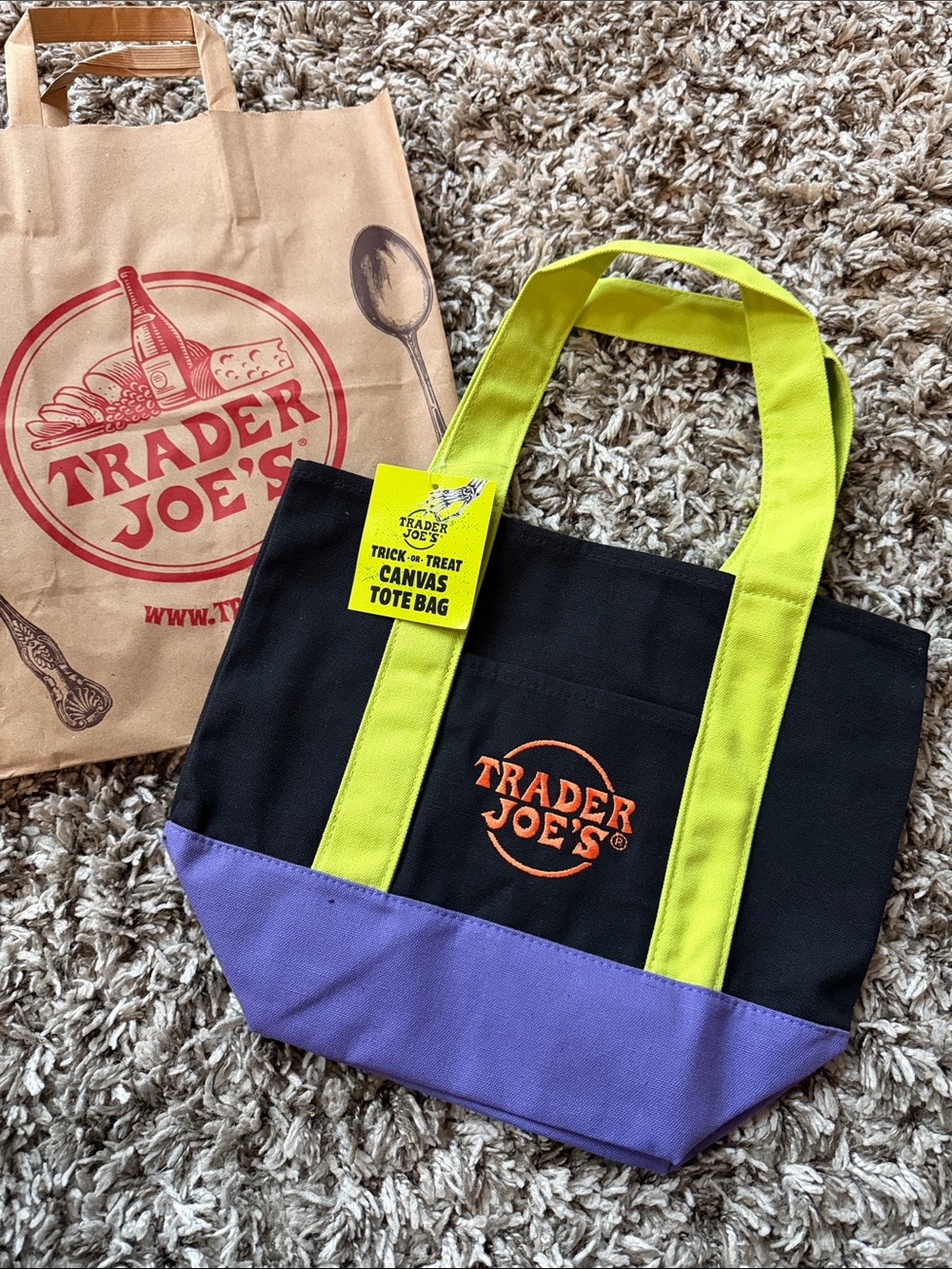 Trader Joe's Trick or Treat Mini Canvas Tote Bag in Black, Lime & Purple